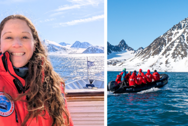 side by side image of selfie with Arctic landscape